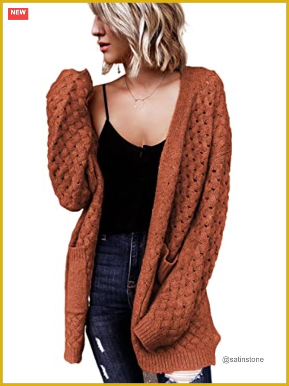 Cable Knit Open Front Cardigan Long Sleeve Chunky Sweater with Pockets